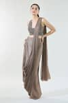 Babita Malkani_Brown Chiffon Embroidered Sequin Blunt Detailed Hem Pre-draped Saree With Blouse _Online_at_Aza_Fashions