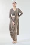 Buy_Babita Malkani_Brown Chiffon Embroidered Sequin V Neck Detailed Pre-draped Saree With Blouse _at_Aza_Fashions