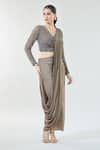 Buy_Babita Malkani_Brown Chiffon Embroidered Sequin V Neck Detailed Pre-draped Saree With Blouse _Online_at_Aza_Fashions