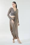 Shop_Babita Malkani_Brown Chiffon Embroidered Sequin V Neck Detailed Pre-draped Saree With Blouse _Online_at_Aza_Fashions