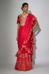 Buy_Nadima Saqib_Red Pre-draped Saree Georgette Embroidered Zardosi V Neck Ruffled With Blouse _at_Aza_Fashions