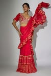 Nadima Saqib_Red Pre-draped Saree Georgette Embroidered Zardosi V Neck Ruffled With Blouse _Online_at_Aza_Fashions