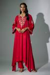 Buy_Nadima Saqib_Red Kurta And Pant Satin Crepe Embroidered Zardosi Notched Asymmetric & Set _at_Aza_Fashions