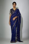 Buy_Nadima Saqib_Blue Saree Georgette Embroidered Zardosi V Neck With Blouse _at_Aza_Fashions