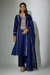 Buy_Nadima Saqib_Blue Kurta Chanderi Embroidered Zardosi V Neck Straight Pant Set _at_Aza_Fashions