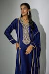 Nadima Saqib_Blue Kurta Chanderi Embroidered Zardosi V Neck Straight Pant Set _Online_at_Aza_Fashions