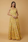 wildflower by krishna_Multi Color Chinon Silk Print Zardozi Halter Neck Gul Embroidered Gown _at_Aza_Fashions