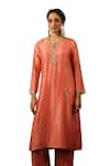 Label Niti Bothra_Peach Kurta And Pant Chanderi Silk Embroidery Zardozi Round Leaf Stripe Set _Online