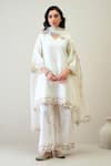 Buy_RoohbyRidhimaa_White Shimmer Cotton Embroidered Resham V-neck Junnon Floral Kurta Pant Set _at_Aza_Fashions