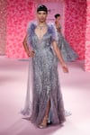 Buy_Dolly J_Purple Shimmer Tulle Embellished Crystal Plunging Neck Ines Gown _at_Aza_Fashions