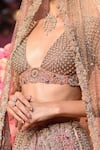 Dolly J_Rose Gold Shimmer Tulle Embroidered Pearl Fleur Floral And Bead Work Lehenga Set _Online_at_Aza_Fashions