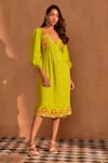 Buy_NOIB_Green Linen Embroidered Floral Plunge-v Eva Midi Dress _at_Aza_Fashions