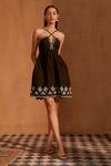Buy_NOIB_Black Linen Embroidery Plunge Neck Isla Mini Dress_at_Aza_Fashions