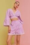 Buy_NOIB_Purple Cotton Embroidery Plunge Neck Mia Sea Shell Top With Shorts _at_Aza_Fashions