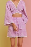 NOIB_Purple Cotton Embroidery Plunge Neck Mia Sea Shell Top With Shorts _Online_at_Aza_Fashions
