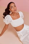 Shop_NOIB_White Giza Poplin Embroidered Broderie Anglaise Square Zoe Top With Skirt Set _Online_at_Aza_Fashions