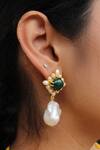 Shop_Heena Mittal_Gold Plated Pearls Emerald Stone Dangler Earrings _at_Aza_Fashions