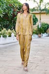 Buy_Grassroot By Anita Dongre_Yellow 62% Viscose Block Printed Stripe Collar Hillside Shirt And Pant Set _at_Aza_Fashions