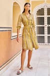 Buy_Grassroot By Anita Dongre_Yellow 62% Viscose Block Printed Stripe Collar Sunlit Dress _at_Aza_Fashions