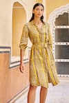 Grassroot By Anita Dongre_Yellow 62% Viscose Block Printed Stripe Collar Sunlit Dress _Online_at_Aza_Fashions