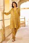 Buy_Grassroot By Anita Dongre_Yellow 62% Viscose Block Printed Stripe Mandarin Collar Dawn Kurta And Pant Set _at_Aza_Fashions