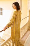 Shop_Grassroot By Anita Dongre_Yellow 62% Viscose Block Printed Stripe Mandarin Collar Dawn Kurta And Pant Set _at_Aza_Fashions