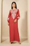 Buy_Grassroot By Anita Dongre_Orange 100% Hemp Embroidery Thread Keyhole Timandra Bird Yoke Kaftan _at_Aza_Fashions