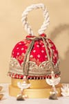 Shop_Amyra_Red Embroidery, Pearls Bandhani Pattern Potli Bag _at_Aza_Fashions