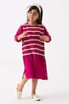 Buy_THREE_Fuchsia Crepe Twill Tape Shirring Stripe Work Dress _at_Aza_Fashions