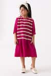 Buy_THREE_Fuchsia Crepe Twill Tape Shirring Stripe Work Dress _Online_at_Aza_Fashions