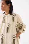 Buy_THREE_Ivory Handloom Cotton Embroidered Thread Fringe Bomber Jacket 