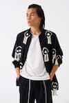 Buy_THREE_Black Handloom Cotton Embroidered Thread Bomber Jacket _at_Aza_Fashions