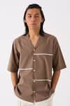 Buy_THREE_Brown Poplin Embroidered Lapel Collar Half Sleeve Shirt _at_Aza_Fashions