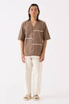 THREE_Brown Poplin Embroidered Lapel Collar Half Sleeve Shirt _Online_at_Aza_Fashions