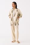 Buy_THREE_Ivory Handloom Cotton Embroidered Thread Bomber Jacket Pant Set _at_Aza_Fashions