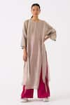 Buy_THREE_Grey Chanderi Round Long Slit Tunic _at_Aza_Fashions