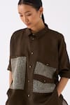 THREE_Green Chanderi Collared Patch Pocket Shirt _at_Aza_Fashions