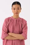 Buy_THREE_Pink Handloom Cotton Mandarin Collar Checkered Tunic And Pant Set _Online_at_Aza_Fashions