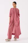 THREE_Pink Handloom Cotton Mandarin Collar Checkered Tunic And Pant Set _at_Aza_Fashions