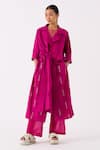 Buy_THREE_Fuchsia Jacket Poplin Embroidered Thread Lapel Collar And Pant Set _at_Aza_Fashions