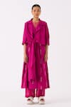 Buy_THREE_Fuchsia Jacket Poplin Embroidered Thread Lapel Collar And Pant Set _Online_at_Aza_Fashions