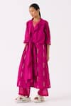 Shop_THREE_Fuchsia Jacket Poplin Embroidered Thread Lapel Collar And Pant Set _at_Aza_Fashions