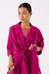 THREE_Fuchsia Jacket Poplin Embroidered Thread Lapel Collar And Pant Set _at_Aza_Fashions