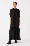 Shop_THREE_Black Organza Print Checkered High Neck Frilly Hem Sheer Dress With Slip _at_Aza_Fashions