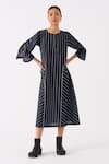 Buy_THREE_Black Mul Print Striped Round Neck Midi Dress _at_Aza_Fashions