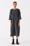 Buy_THREE_Black Mul Print Striped Round Neck Midi Dress _Online_at_Aza_Fashions