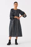 Shop_THREE_Black Mul Print Striped Round Neck Midi Dress _Online_at_Aza_Fashions