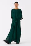 THREE_Green Bemberg Applique Striped Leaf Neck Sleeves Front Tie Up Kaftan _Online_at_Aza_Fashions