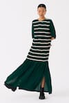 Buy_THREE_Green Crepe Applique Tape Round Shirring Twill Embellished Smocked Maxi Dress 