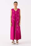 Buy_THREE_Pink Poplin (crepe Pleats) Embroidery Raindrop V Neck Frill Hem Dress _Online_at_Aza_Fashions